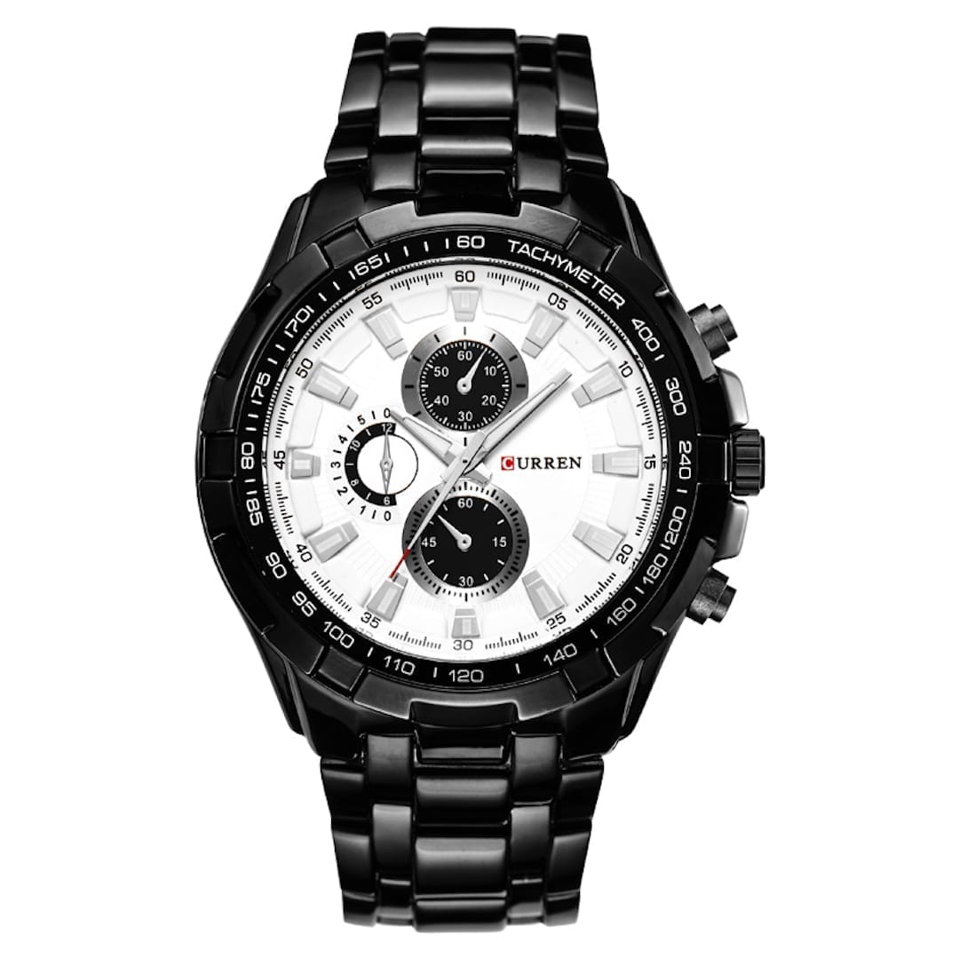 Orologio uomo Curren Grand Prix Black/White con cinturino in metallo nero e quadrante bianco, fotografato da vicino per evidenziarne i dettagli.