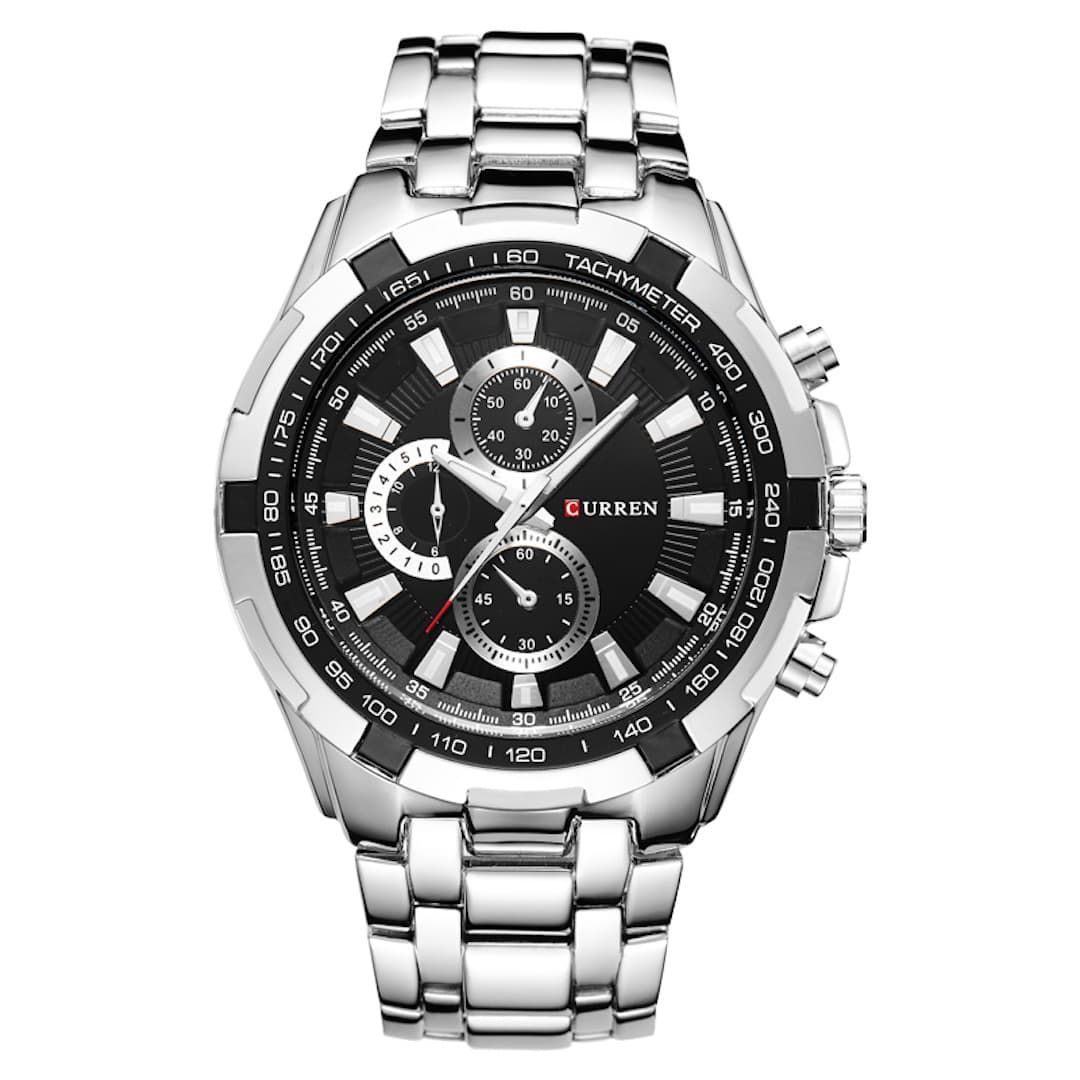 L'immagine mostra l'orologio uomo Curren Grand Prix Silver/Black con cinturino in metallo argentato e quadrante nero, che evidenzia il suo design sportivo ed elegante.