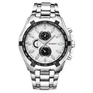 Orologio uomo Curren Grand Prix Silver/White con un look sportivo ed elegante, vista frontale.