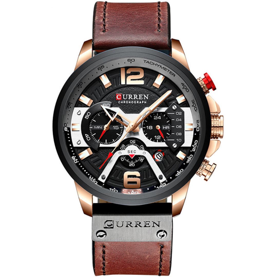 Orologio uomo Curren New Age BG con cassa nera e oro, meccanismo cronografico dettagliato e cinturino in pelle marrone.