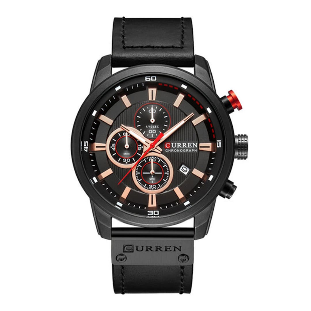 Orologio uomo Curren Chronograph Black con cinturino in pelle nera e quadrante nero.