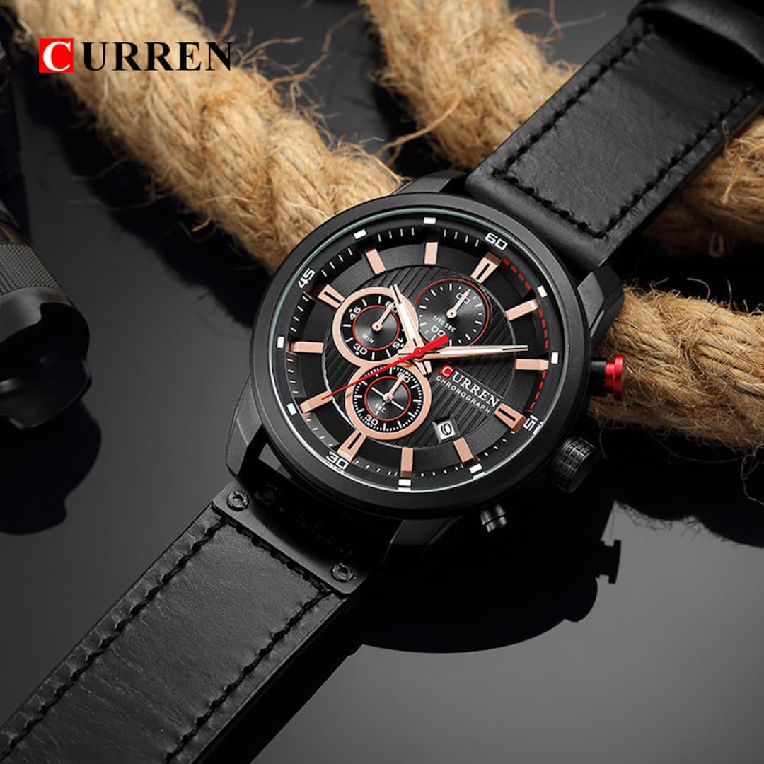 Orologio uomo Curren Chronograph Black con cinturino in pelle, visualizzazione della data e cronografi.