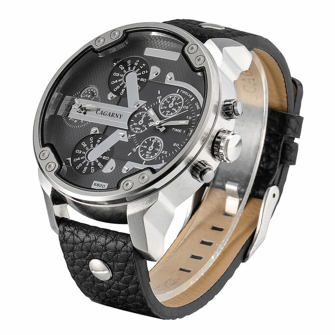 Orologio uomo Cagarny Mr. Big Black/Silver Leather vista laterale.