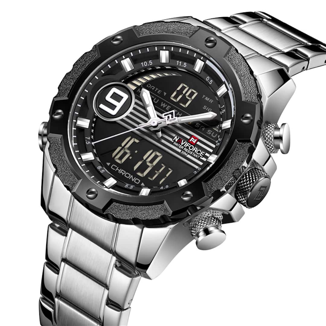 Orologio uomo NaviForce Racing Line Silver visto di lato con cinturino in acciaio inox e combinazione di display analogico e digitale.