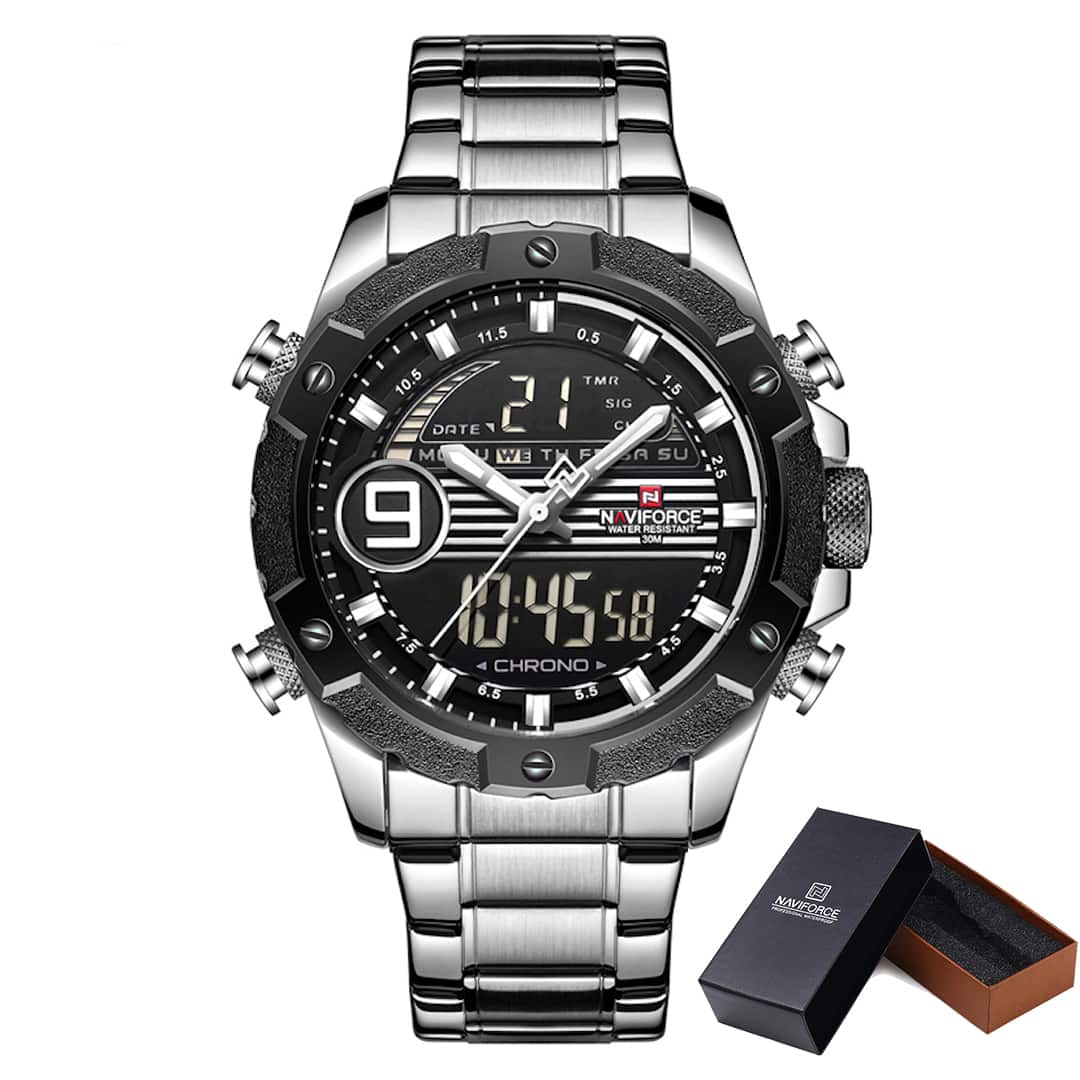 Orologio uomo NaviForce Racing Line Silver con cinturino in acciaio inox e combinazione di display analogico e digitale.
