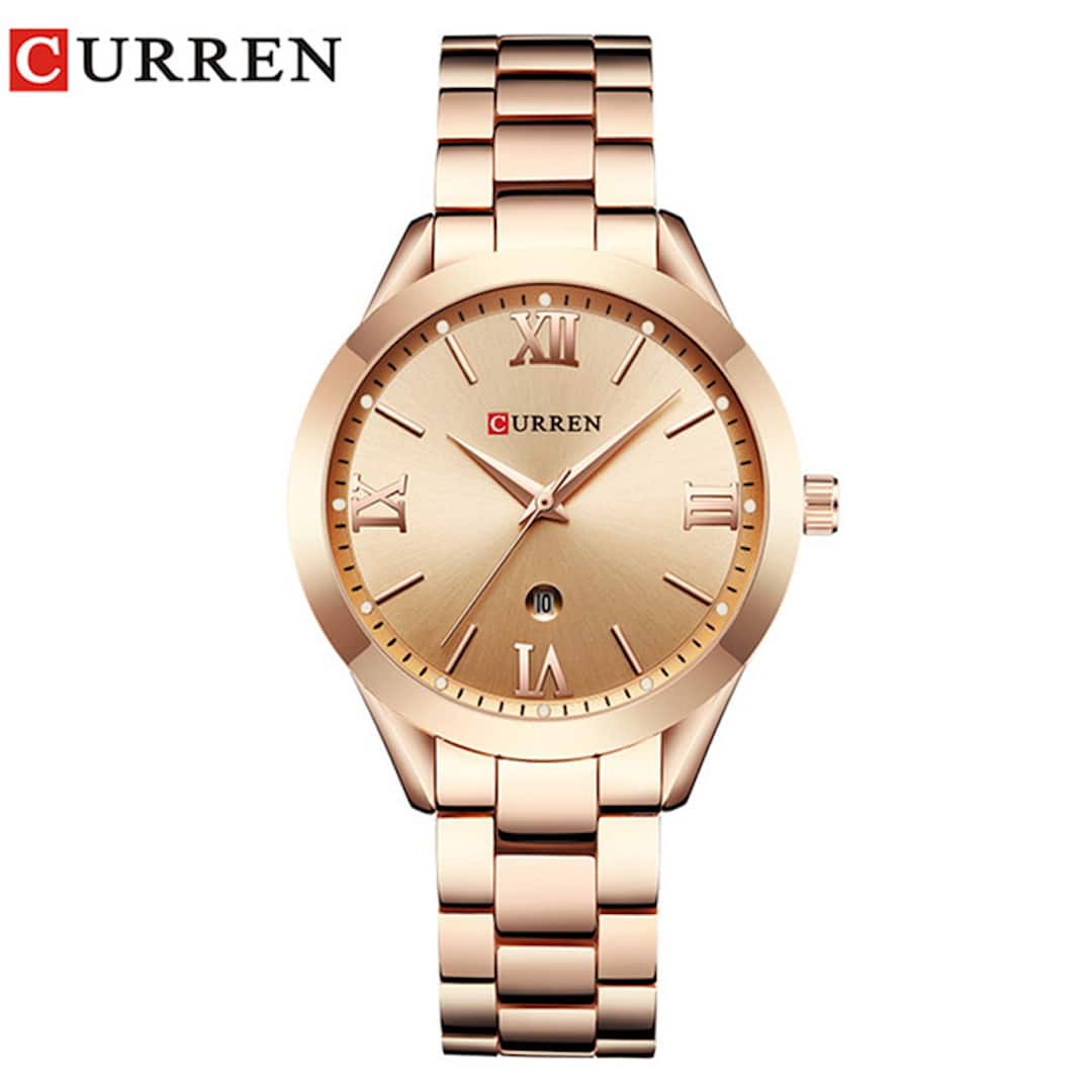 Orologio da donna Curren Blanche Rose Gold - vista frontale con logo Curren.
