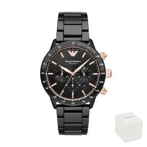 Vista frontale dell'orologio uomo Emporio Armani AR70002 Ceramica con quadrante nero e dettagli oro rosa