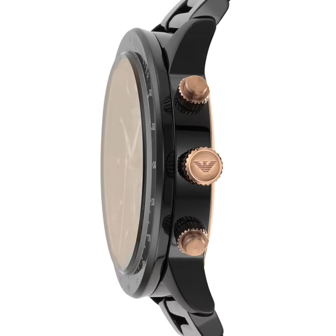 Vista laterale dell'orologio uomo Emporio Armani AR70002 Ceramica con pulsanti oro rosa