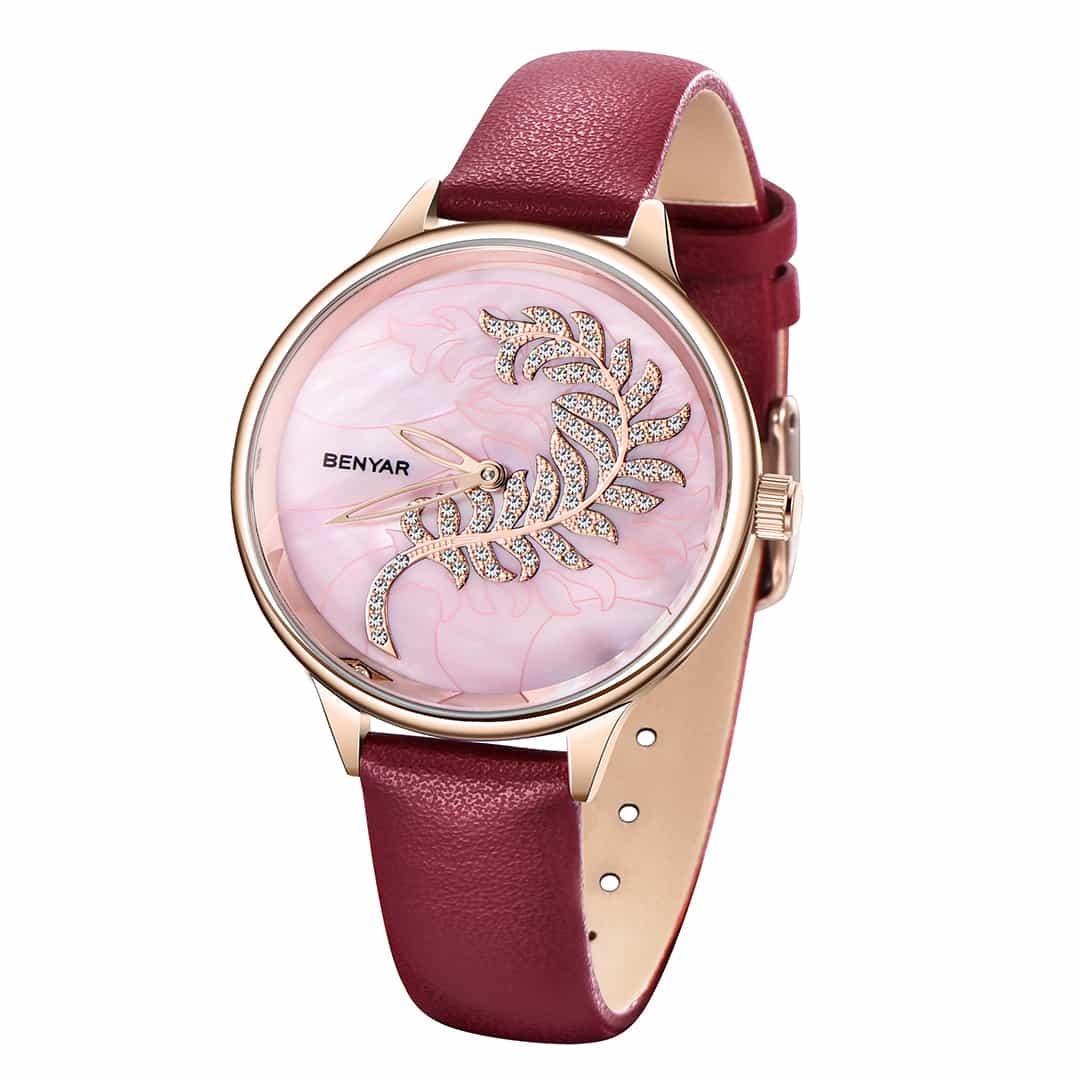 L'orologio donna Benyar Blossom Lether Red con quadrante rosa e cinturino in pelle rossa.