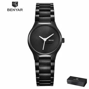 Orologio donna Benyar Elegant White con quadrante nero e lancette bianche.