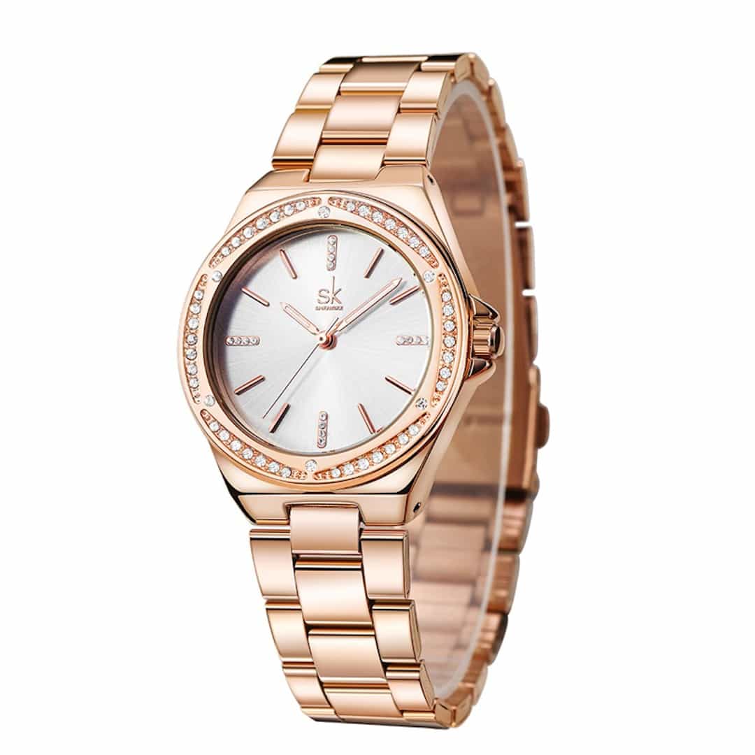 Orologio da donna SK Shengke Charm Rose Gold, vista laterale.