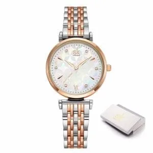 Orologio donna SK Shengke Pearl Gold con cinturino in metallo e quadrante effetto perla.