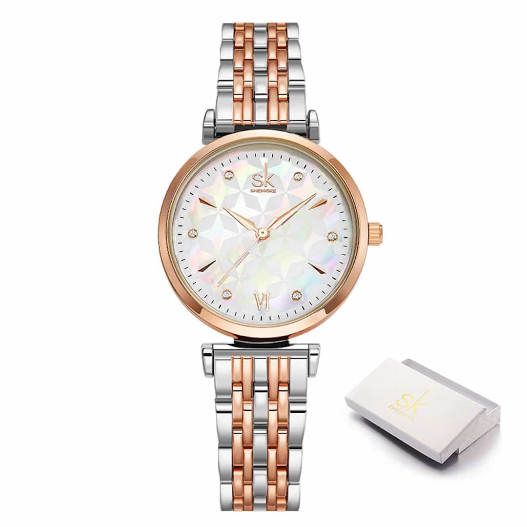 Orologio donna SK Shengke Pearl Gold con cinturino in metallo e quadrante effetto perla.