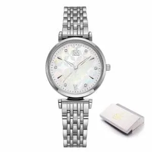L'orologio donna SK Shengke Pearl Silver con cinturino in metallo argentato e quadrante effetto perla.