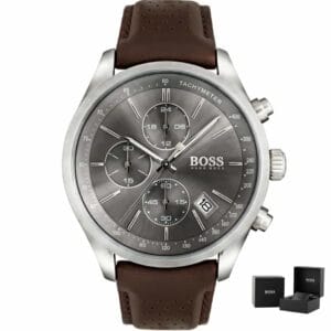 Orologio uomo Hugo Boss Grand Prix 1513476 con cronografo, elegante cassa argentata e cinturino in pelle marrone.