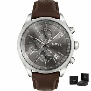 Orologio uomo Hugo Boss Grand Prix 1513476 con cronografo, elegante cassa argentata e cinturino in pelle marrone.