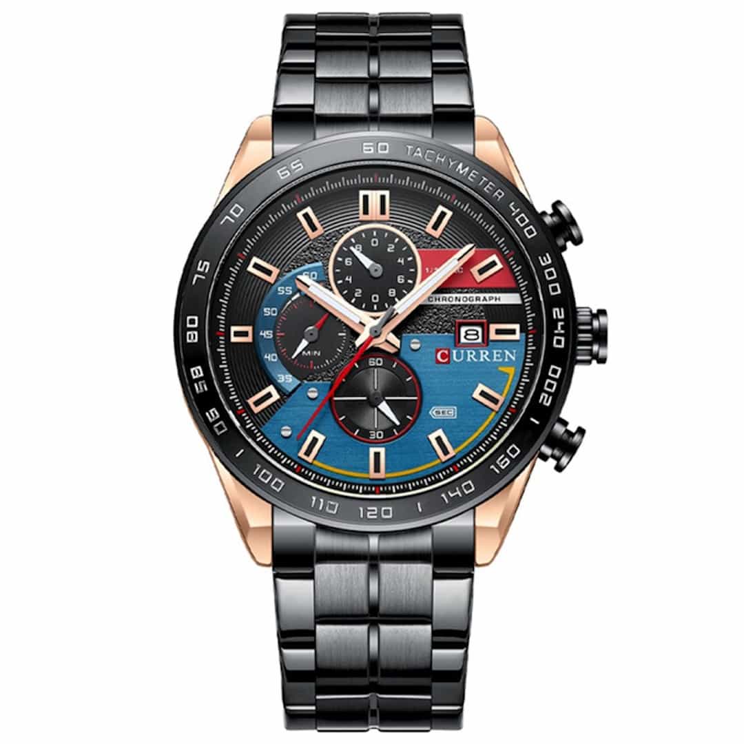 Orologio uomo Curren Striker Black/Rose Gold con quadrante blu-nero sportivo e cinturino metallico in combinazione nero-oro