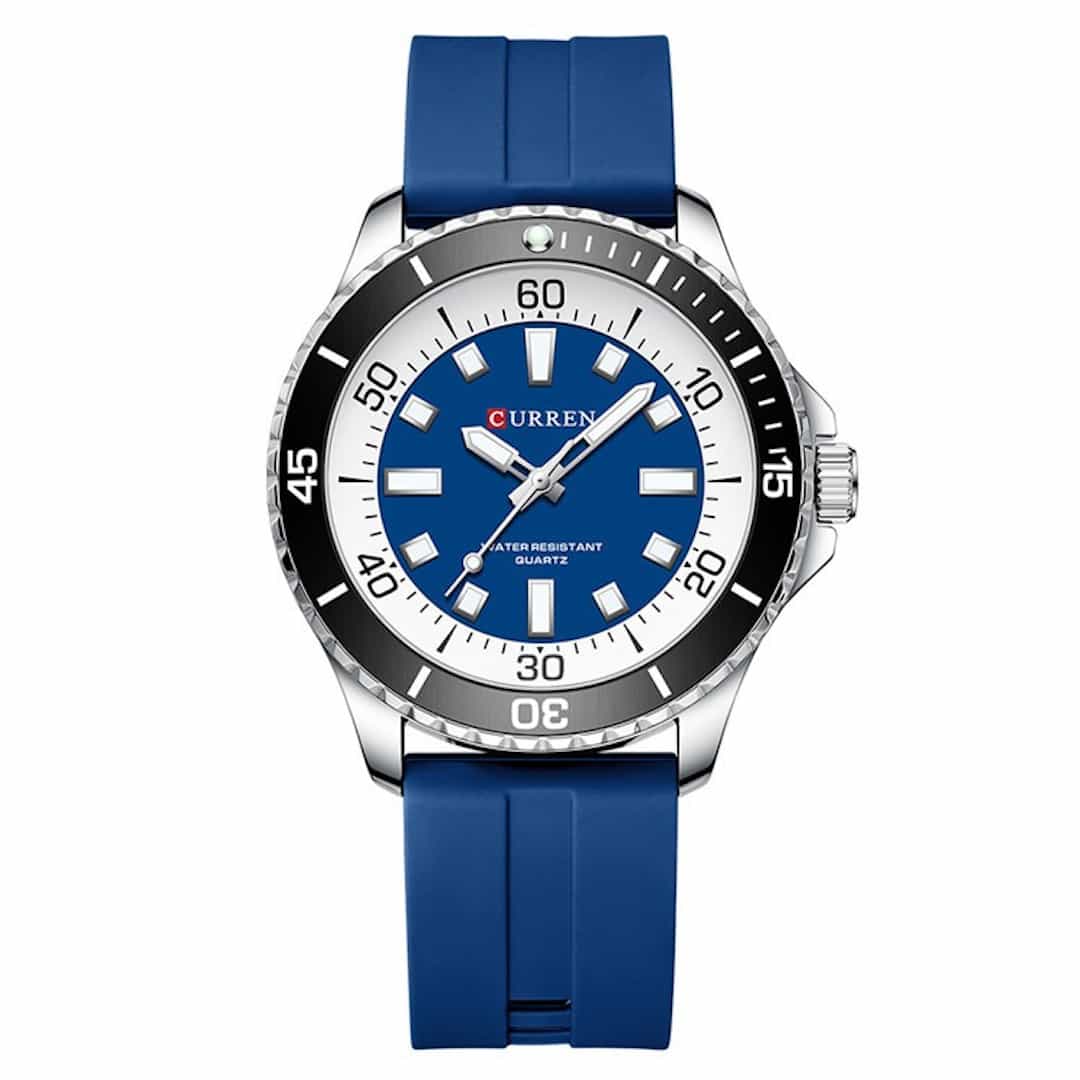 Orologio uomo Curren Explorer Deep Blue con quadrante blu, lunetta nera e cinturino in silicone.