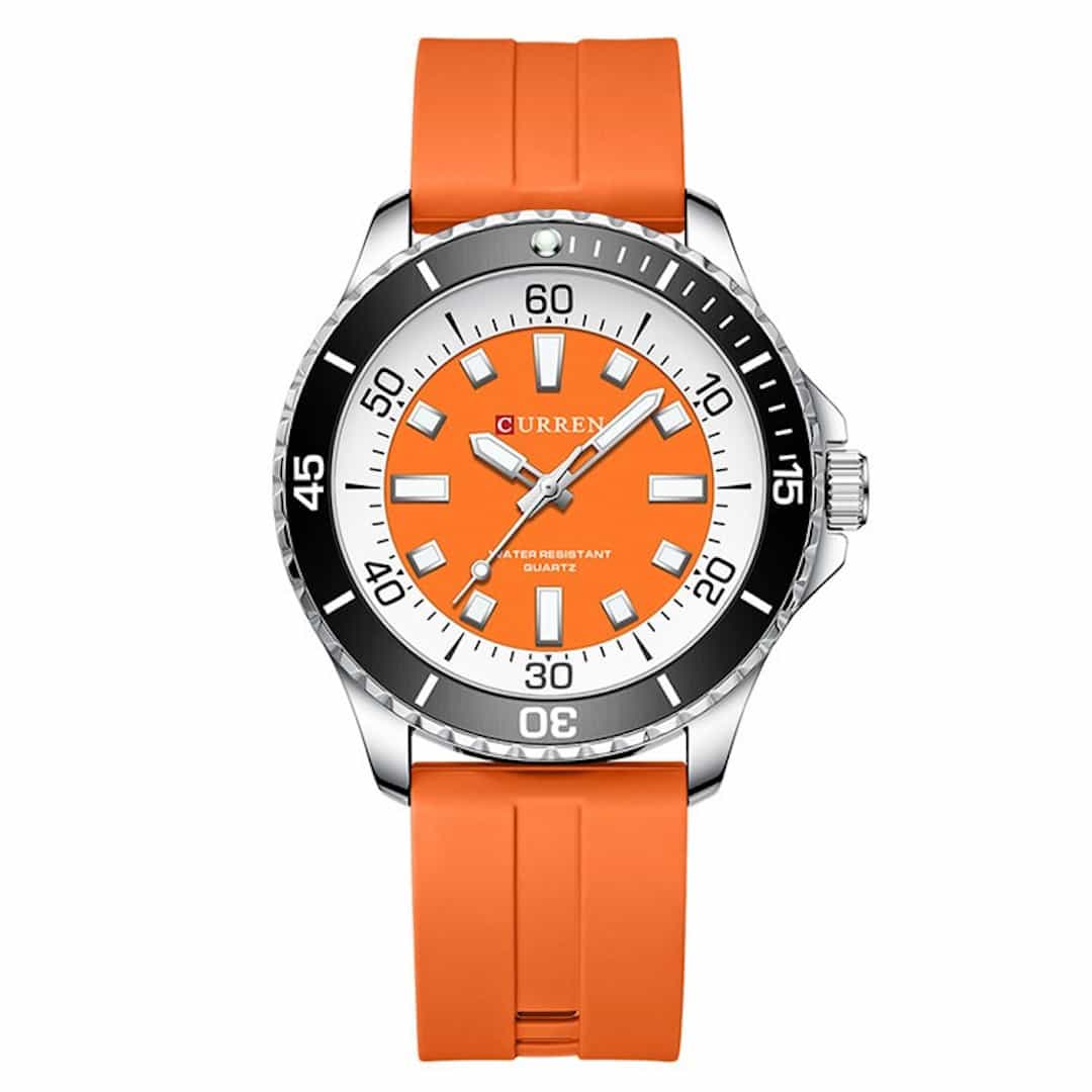 Orologio uomo Curren Explorer Orange con quadrante arancione, lunetta nera e cinturino in silicone.<br>