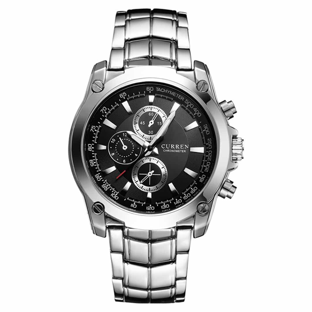 L’orologio uomo Curren Prestige Black con quadrante nero, cassa in metallo argentato e funzioni cronografiche offre un look elegante e moderno.