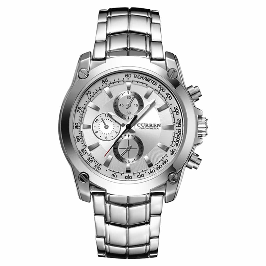 Orologio uomo Curren Prestige Silver con cassa in metallo argentato, cronografo e lancette luminescenti per un look elegante e funzionale.