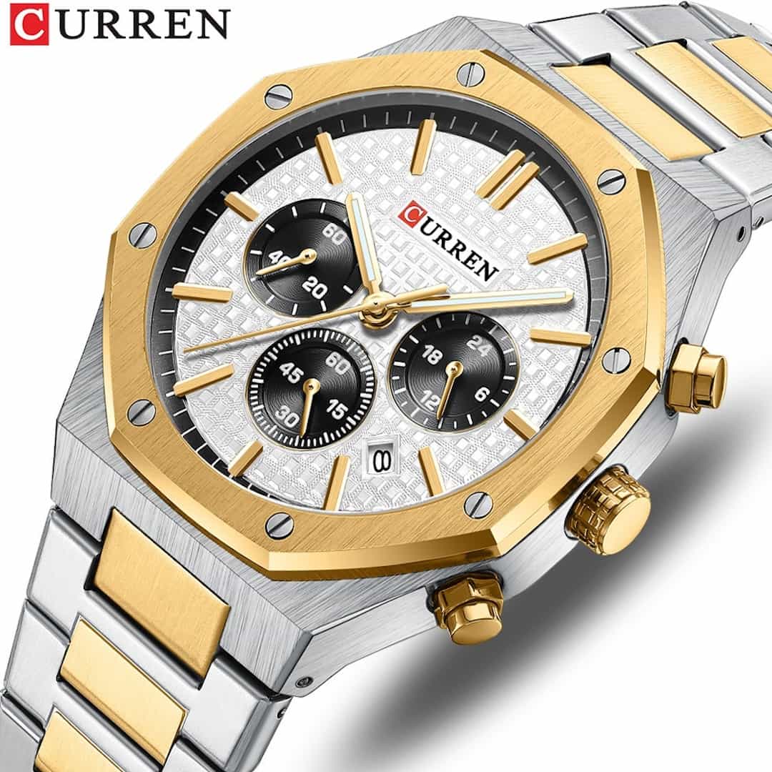 Orologio uomo Curren Royal Gold/White in primo piano, con dettagli del quadrante e degli elementi dorati