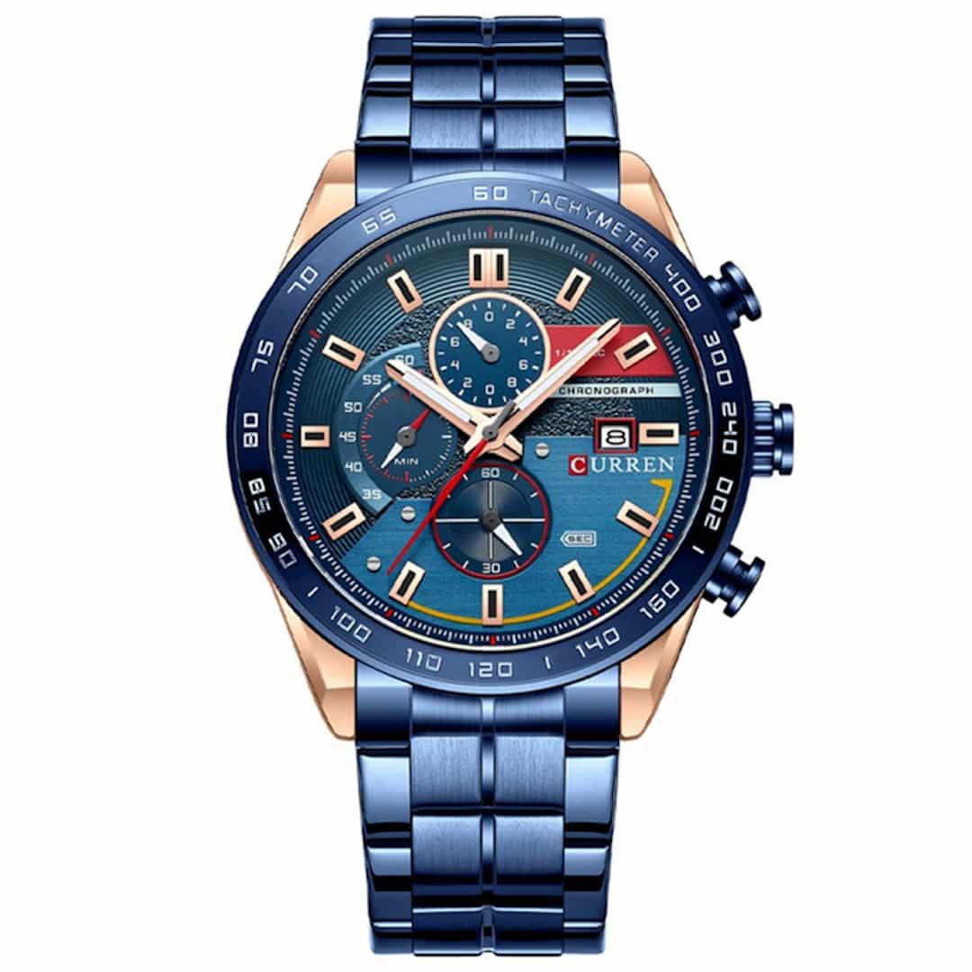 Orologio uomo Curren Striker Blue con quadrante sportivo blu e cinturino metallico in combinazione blu e oro