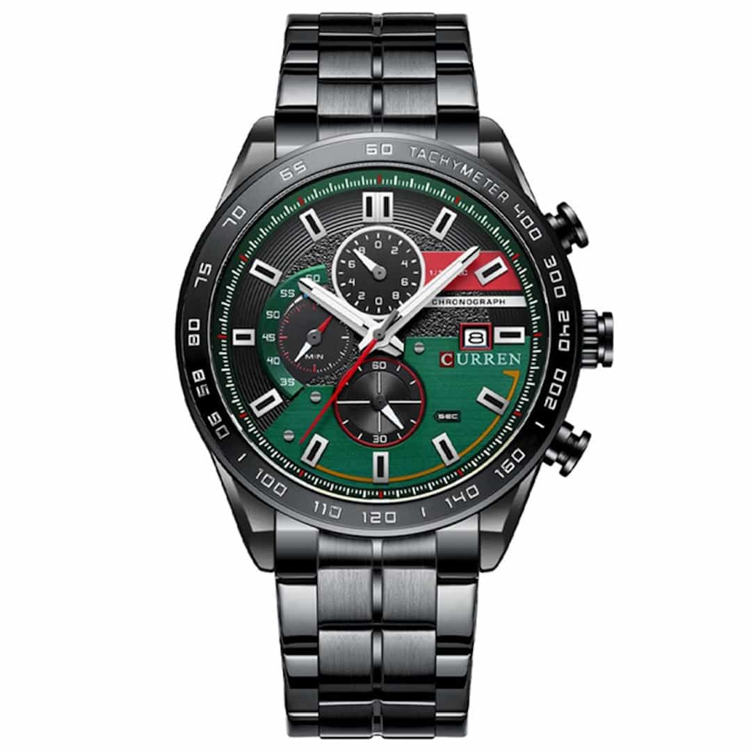 Orologio uomo Curren Striker Green/Black con quadrante verde sportivo e cinturino in metallo nero