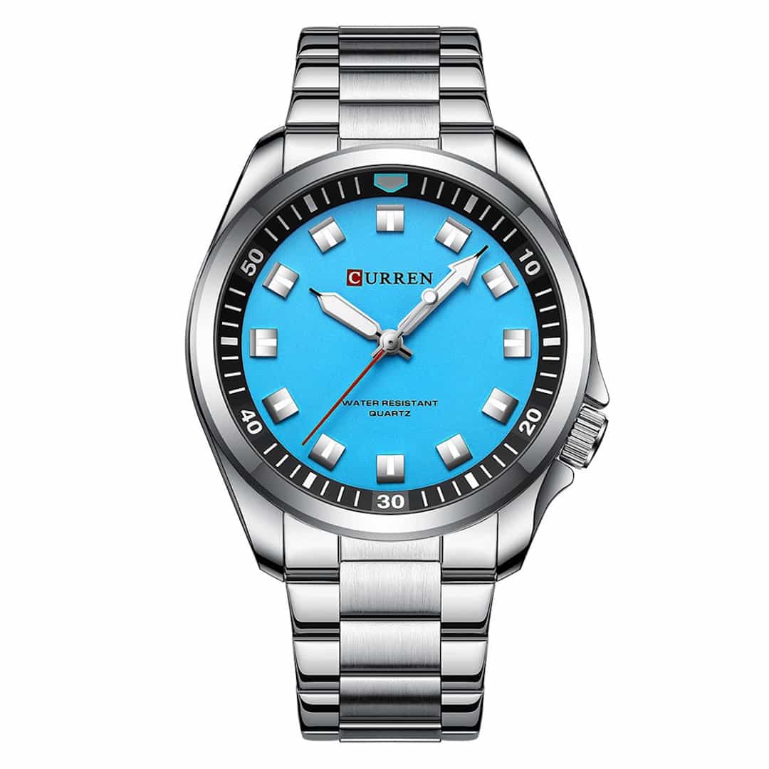 Orologio uomo Curren Elegant Aqua Blue con quadrante blu turchese e cinturino in metallo.