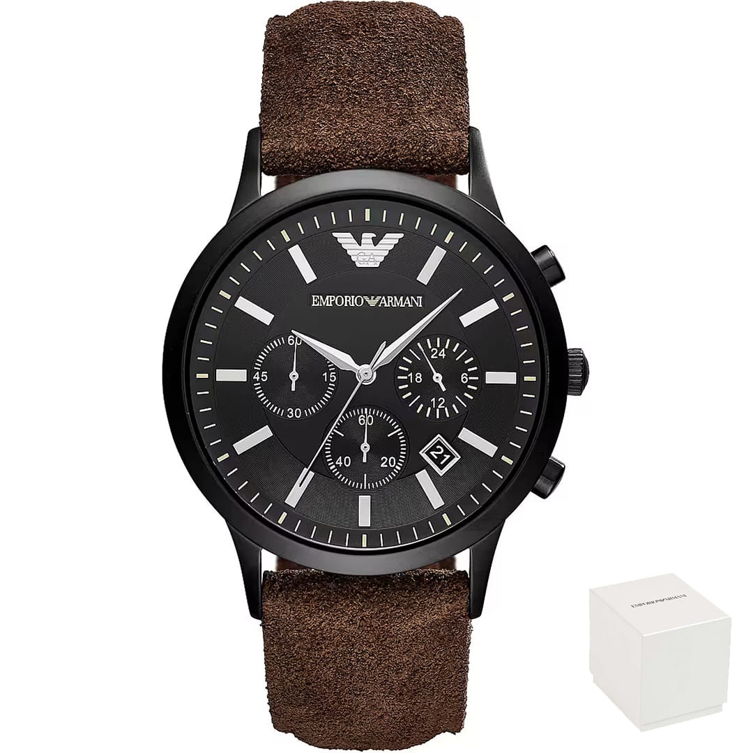 Orologio uomo Emporio Armani AR11078 con cassa nera e cinturino marrone.