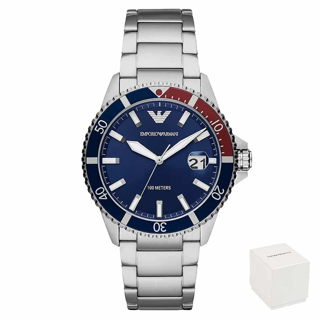 Orologio uomo Emporio Armani AR11339 con bracciale argentato e lunetta bicolore.