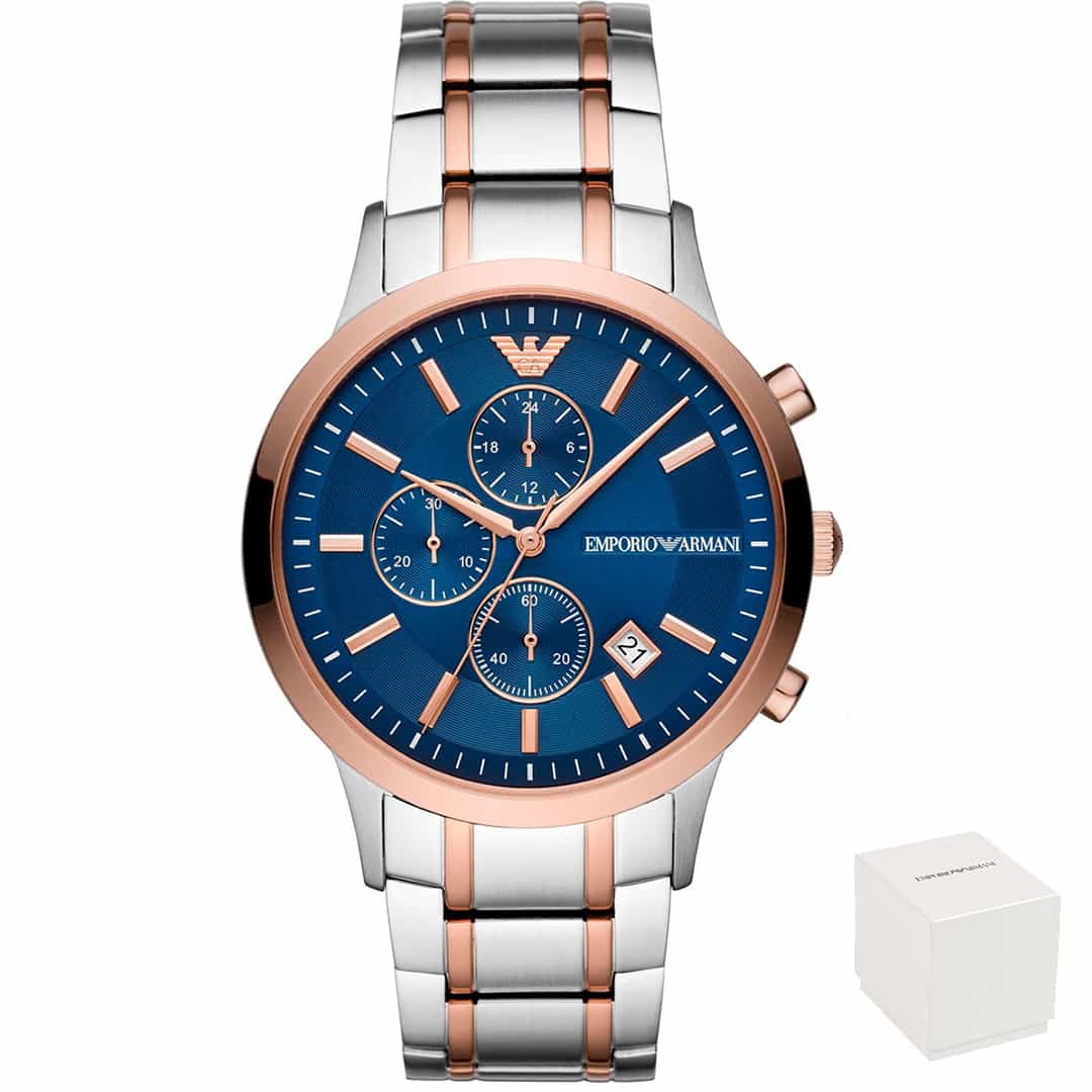 Orologio uomo Emporio Armani Renato AR80025 con quadrante blu e cinturino bicolore.