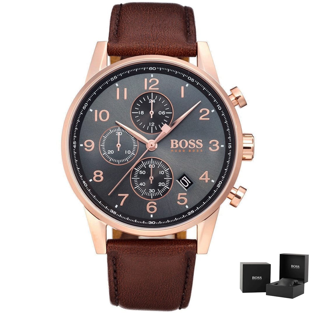 Orologio uomo Hugo Boss Navigator 1513496 con cinturino in pelle marrone.<br>