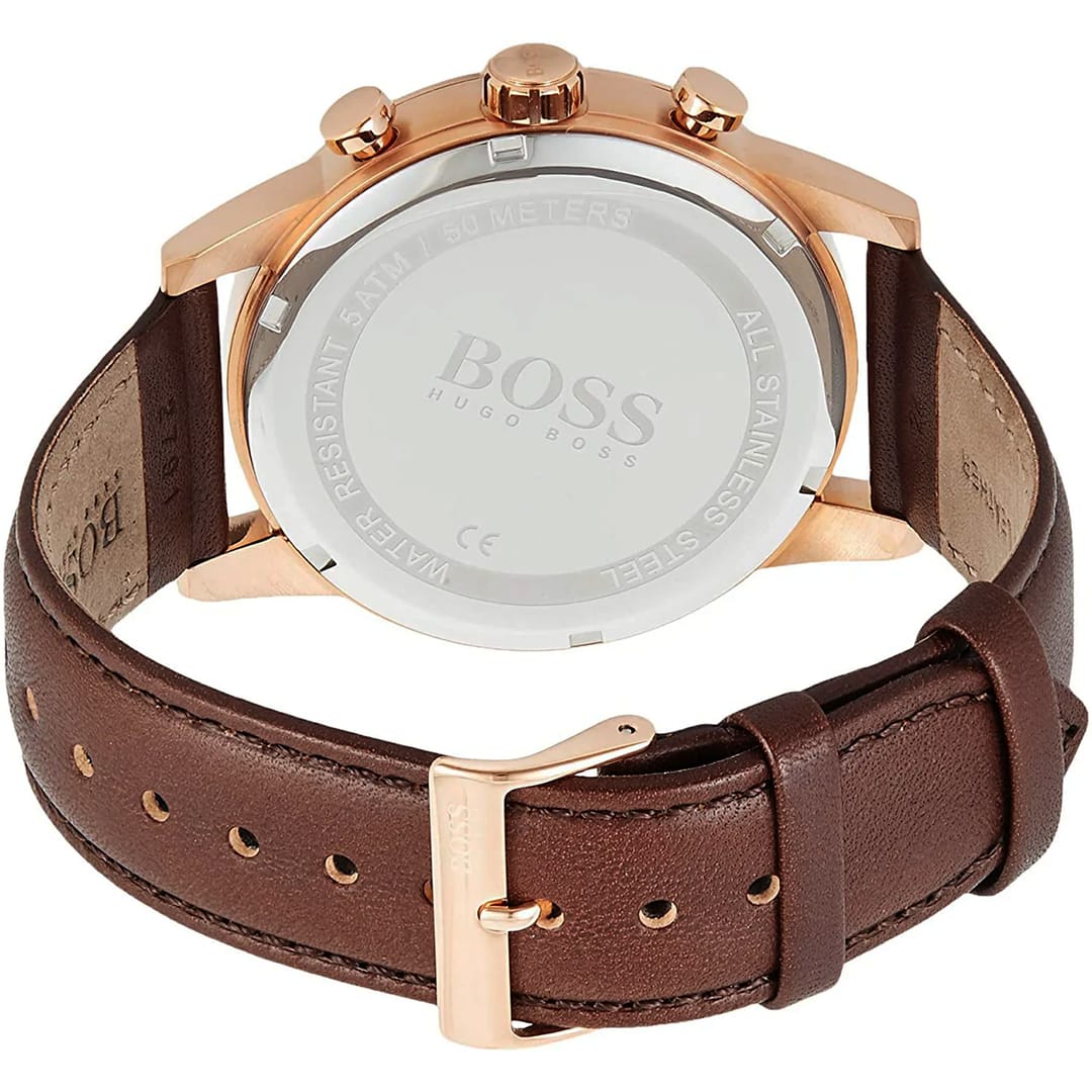 Retro dell’orologio Hugo Boss Navigator 1513496 con cinturino in pelle marrone.