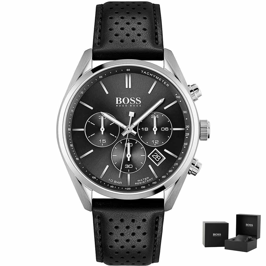 Orologio uomo Hugo Boss Champion 1513816 con cinturino in pelle nera.<br>