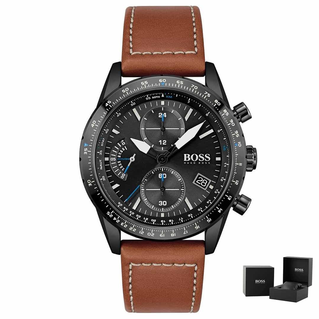 Orologio uomo Hugo Boss Pilot Edition Chrono 1513851 con cinturino marrone.