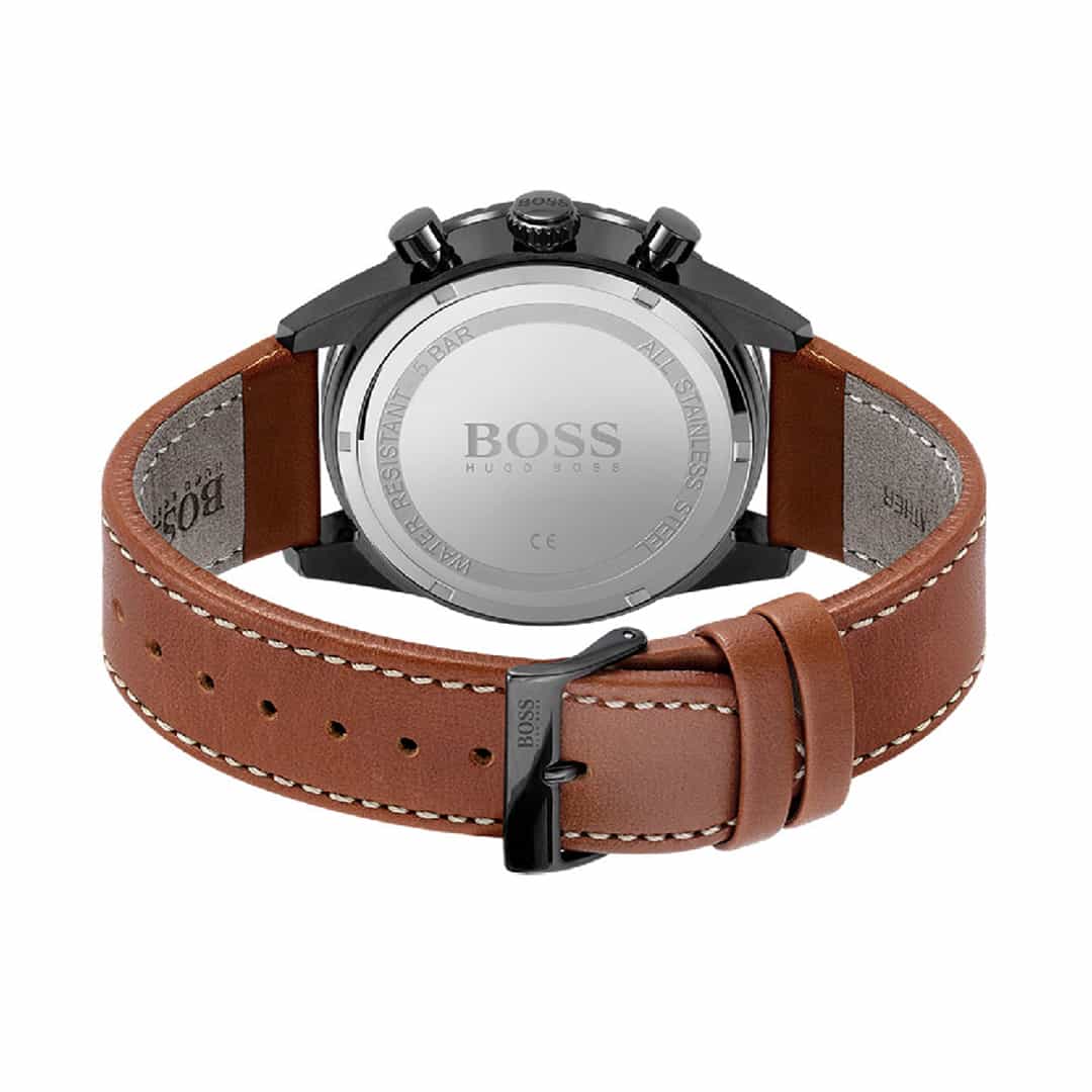 Retro dell’orologio Hugo Boss Pilot Edition Chrono 1513851 con cinturino in pelle marrone.