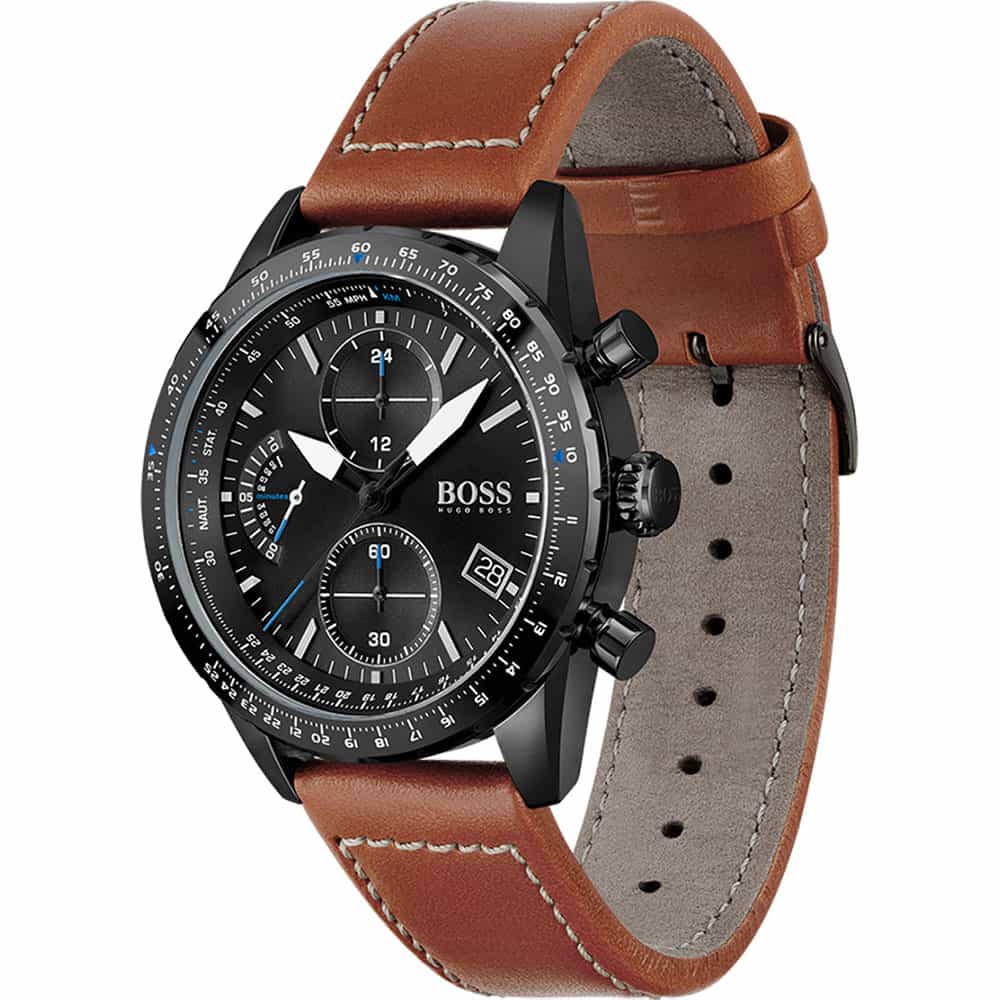 Orologio uomo Hugo Boss Pilot Edition Chrono 1513851, cassa nera e cinturino marrone.