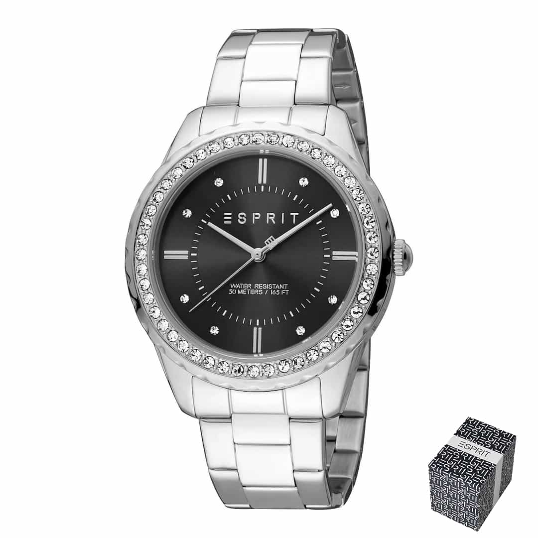 Orologio da donna Esprit Skyler XL ES1L353M0075 con cassa argento, quadrante nero e cristalli sulla lunetta. Scelta elegante e prestigiosa.