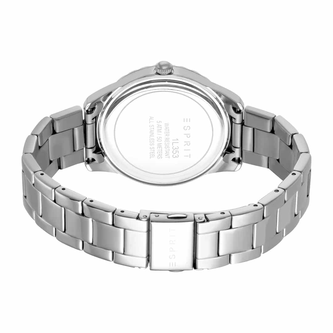 Retro dell’orologio da donna Esprit Skyler XL ES1L353M0075 con incisione del logo e informazioni sull’impermeabilità.