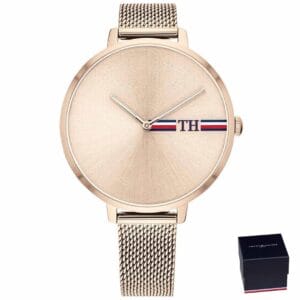 Orologio da donna Tommy Hilfiger 1782158 in tonalità oro rosa con quadrante minimalista e cinturino a maglia in acciaio inossidabile.<br>