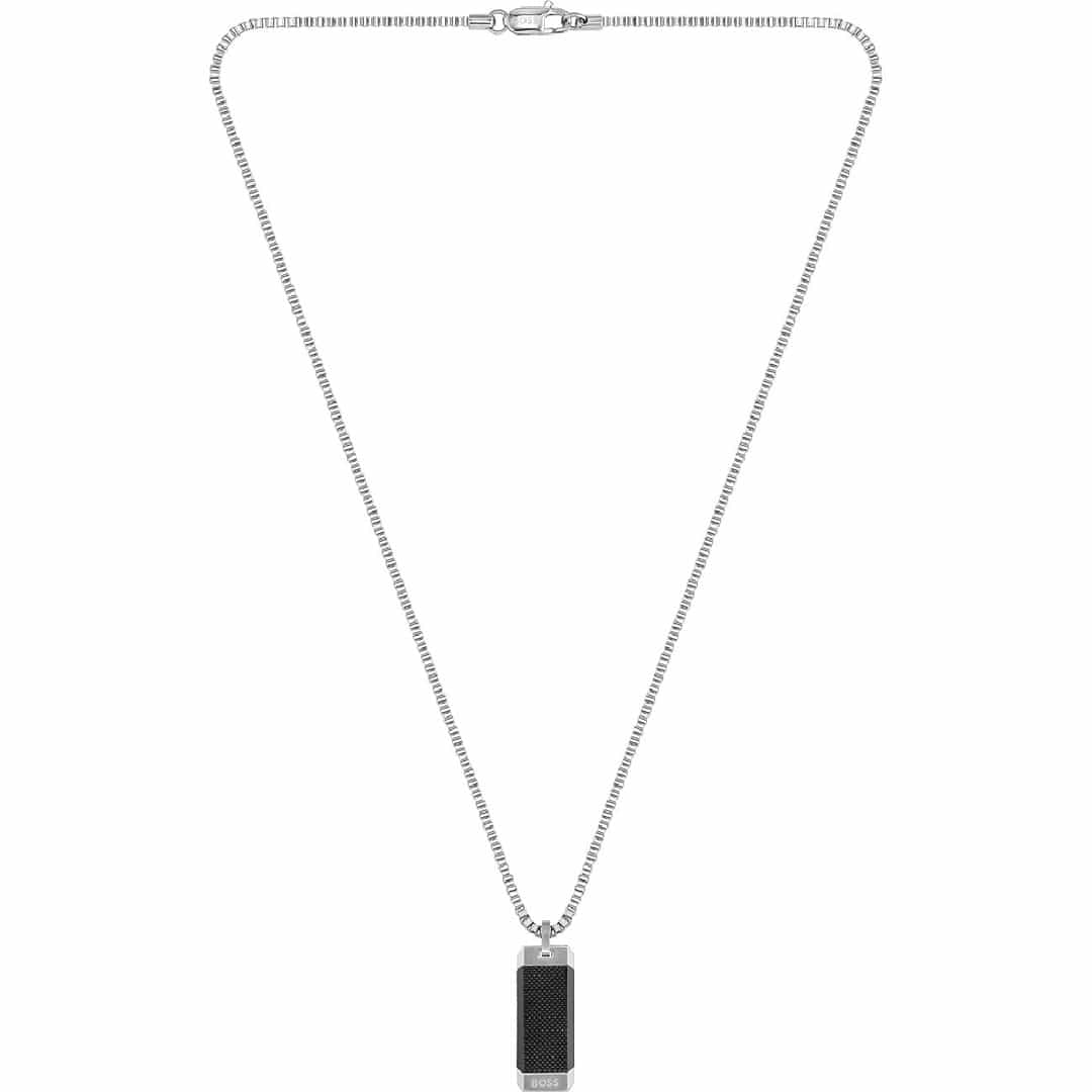 Collana uomo Hugo Boss 1580263 con catena argentata e ciondolo rettangolare nero.