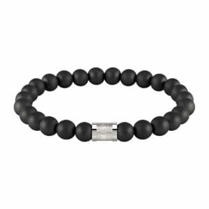 Bracciale uomo Hugo Boss 1580042M con perle nere opache ed elemento metallico.<br>