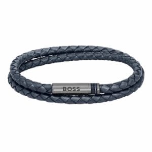 Bracciale uomo intrecciato doppio in pelle blu Hugo Boss 1580494S con chiusura metallica.<br>