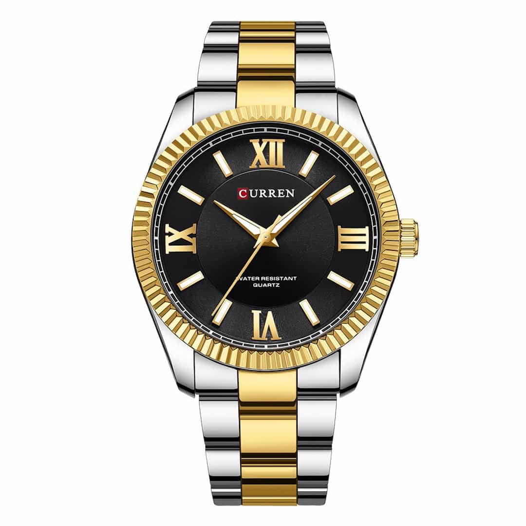 Orologio uomo Curren Regent Black Gold con quadrante nero, numeri romani dorati e cinturino metallico bicolore.<br>