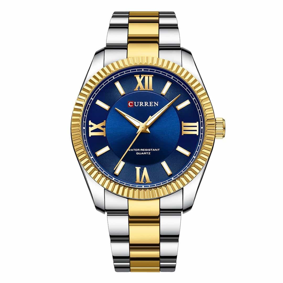 Orologio uomo Curren Regent Gold/Blue con quadrante blu, numeri romani dorati e cinturino metallico bicolore.<br>