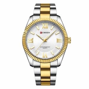 Orologio uomo Curren Regent Gold/White con quadrante bianco, numeri romani dorati e cinturino metallico bicolore.<br>