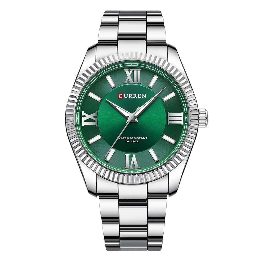 Orologio uomo Curren Regent Green con cassa argento e quadrante verde con numeri romani.<br>