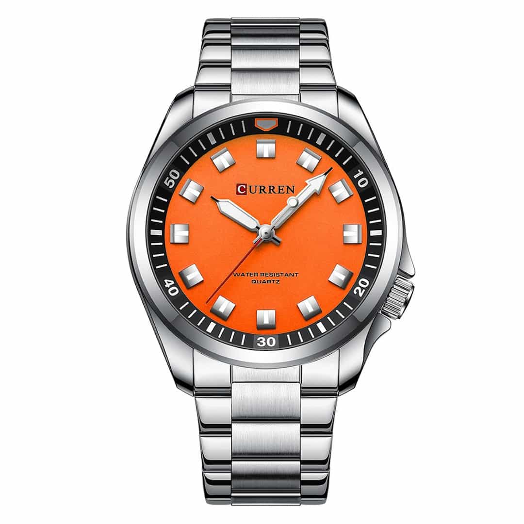 Orologio uomo Curren Voyager Orange con cinturino in metallo e quadrante arancione.<br>
