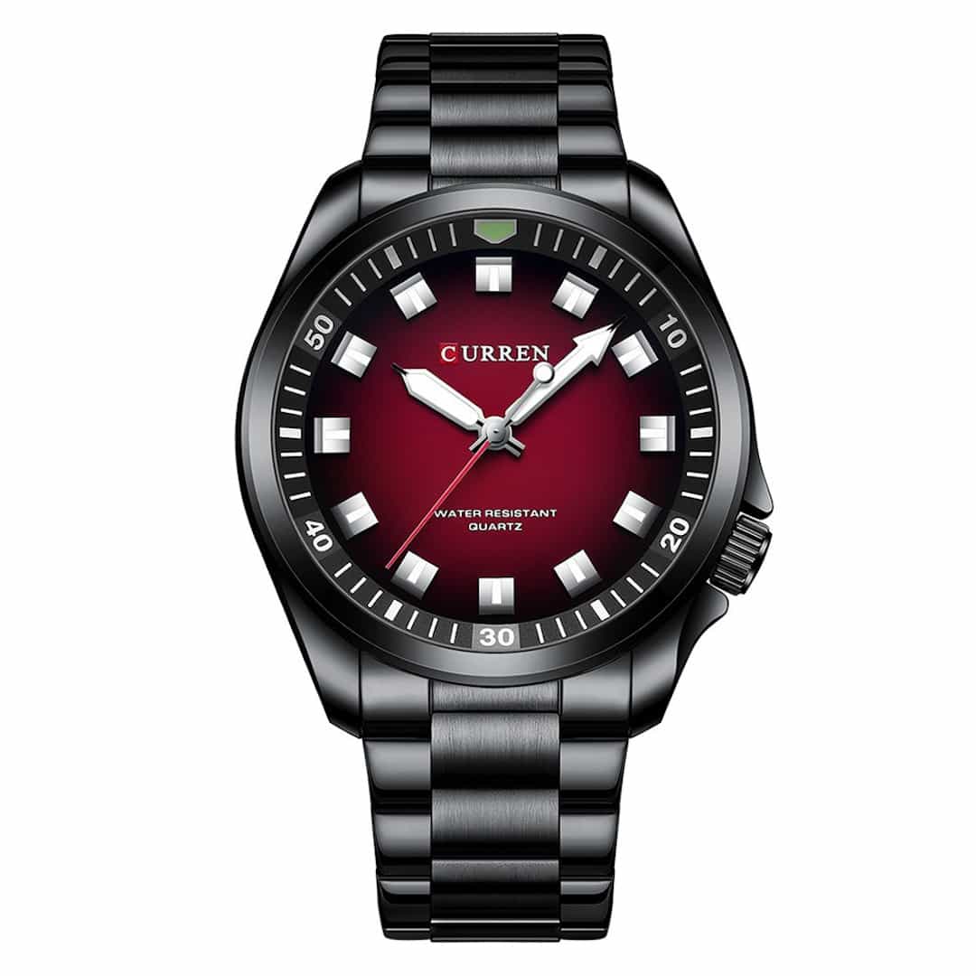 Orologio uomo Curren Voyager Red con cinturino nero in metallo e quadrante rosso.